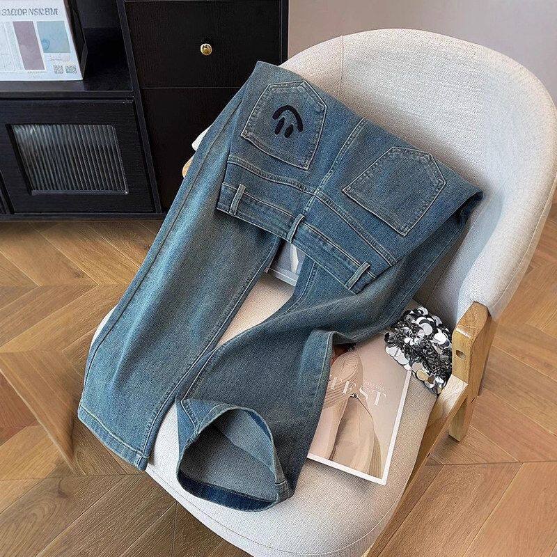 笑脸刺绣直筒牛仔裤女2025春秋新款高腰宽松显瘦设计感窄版阔腿裤