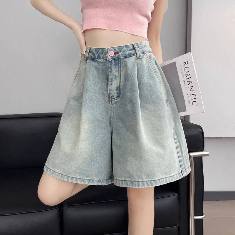 牛仔五分阔腿短裤女2024夏季薄款高腰a字遮跨小个子宽松显瘦中裤