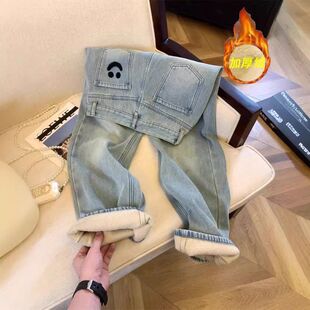 笑脸刺绣阔腿牛仔裤女加绒加厚2024秋季宽松高腰窄版浅蓝色直筒裤