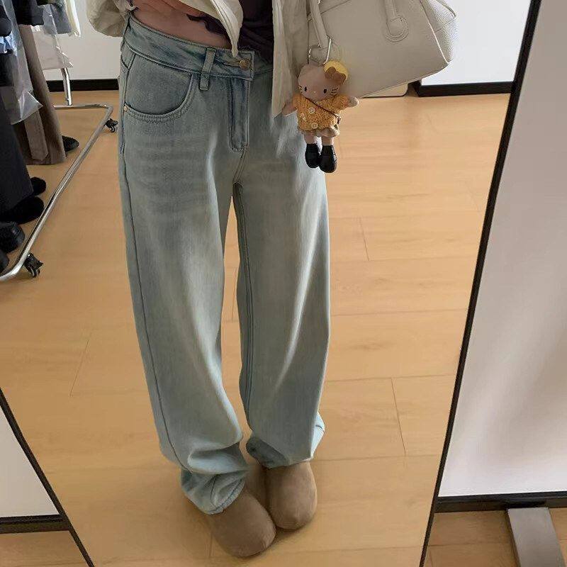 版型好看！浅色加绒牛仔裤女秋冬新款宽松百搭小个子加厚直筒裤子