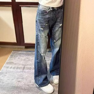 美式复古高街闪电纹乞丐破洞牛仔裤女2025新款设计感直筒阔腿裤子