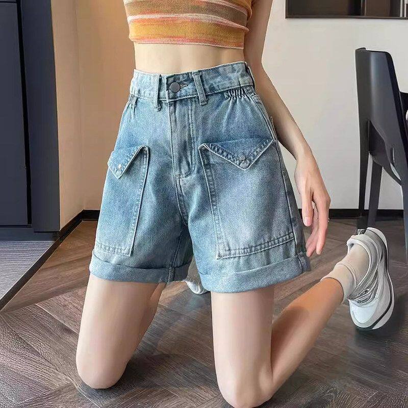 浅蓝色牛仔短裤女夏季薄款2024年新款高腰显瘦a字卷边小个子热裤