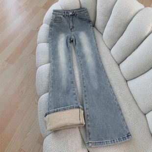 浅蓝色加绒加厚微喇叭牛仔裤女秋冬季2025新款高腰显瘦弹力喇叭裤