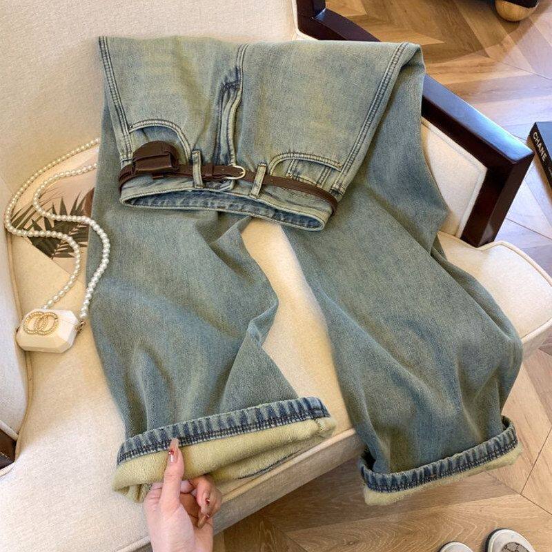 复古加绒加厚直筒牛仔裤女冬季大码胖mm宽松显瘦梨形身材阔腿裤子