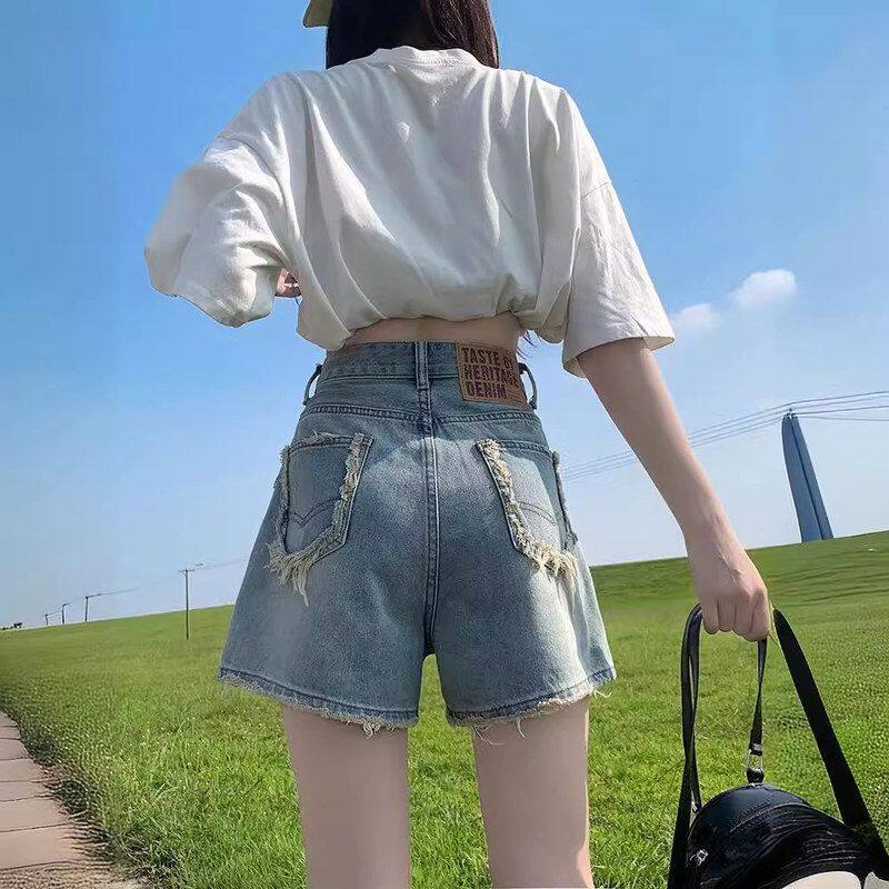 毛边阔腿牛仔短裤女夏季薄款2024新款高腰显瘦设计感小众a字热裤