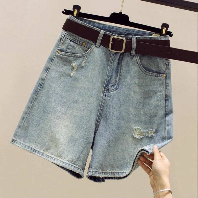 磨破五分牛仔裤女今年夏季流行新款高腰宽松显瘦破洞a字阔腿中裤