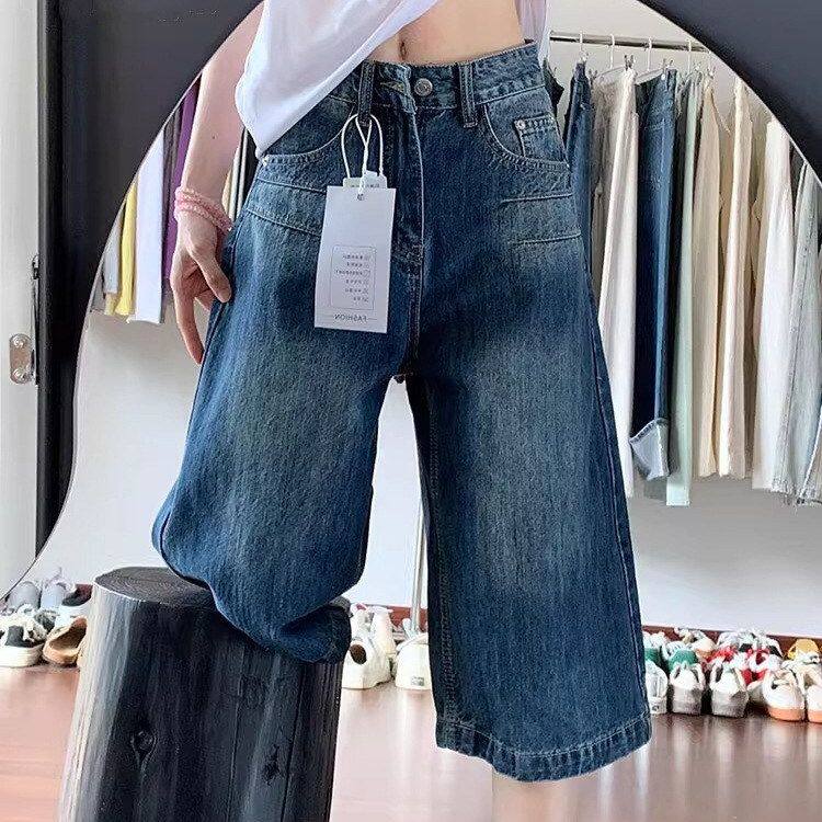 美式水洗七分牛仔裤女2025夏季新款薄款高腰宽松显瘦a字直筒中裤