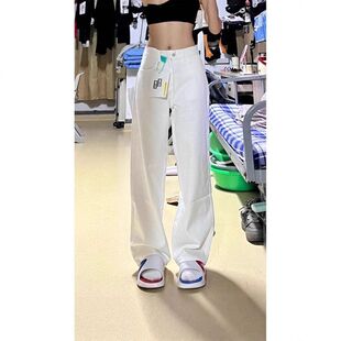韩版白色直筒牛仔裤女2025春秋新款高腰宽松阔腿显瘦百搭拖地裤子