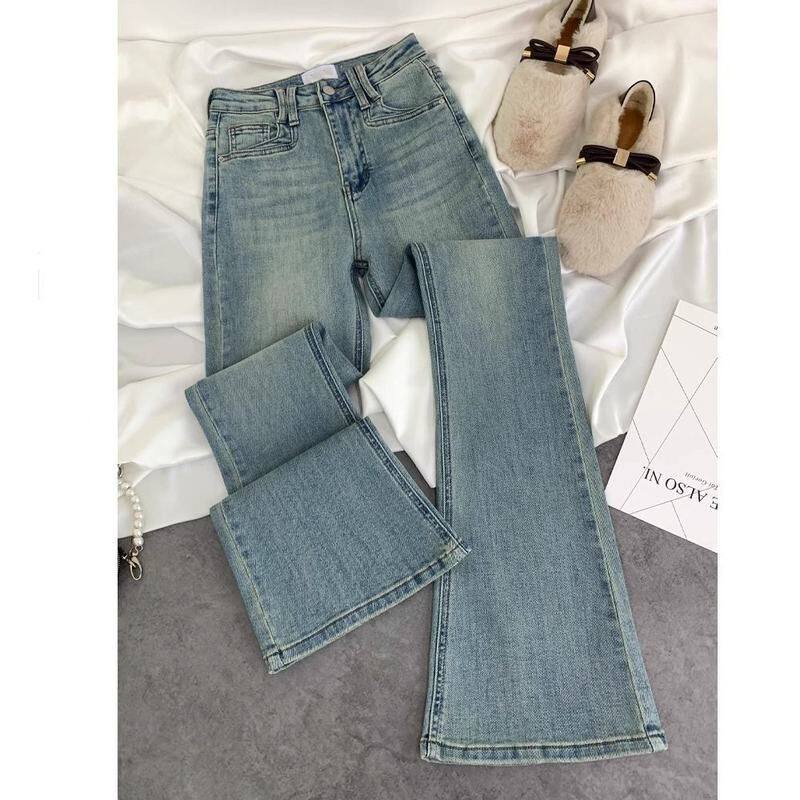 浅蓝色微喇叭牛仔裤女2024春秋高腰修身弹力显瘦百搭拖地马蹄长裤