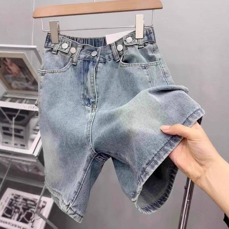 松紧腰高腰牛仔五分短裤女2025夏季新款大码胖mm宽松显瘦a字中裤