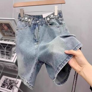 松紧腰高腰牛仔五分短裤女2025夏季新款大码胖mm宽松显瘦a字中裤