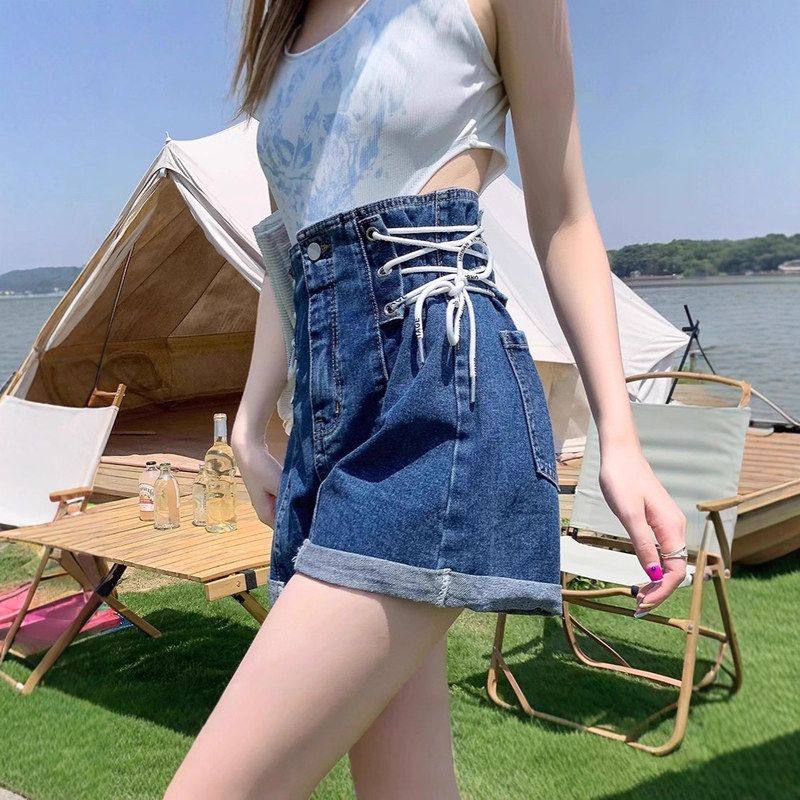 超高腰牛仔短裤女夏胖mm大码梨形身材微胖显瘦收腰绑带设计感小众