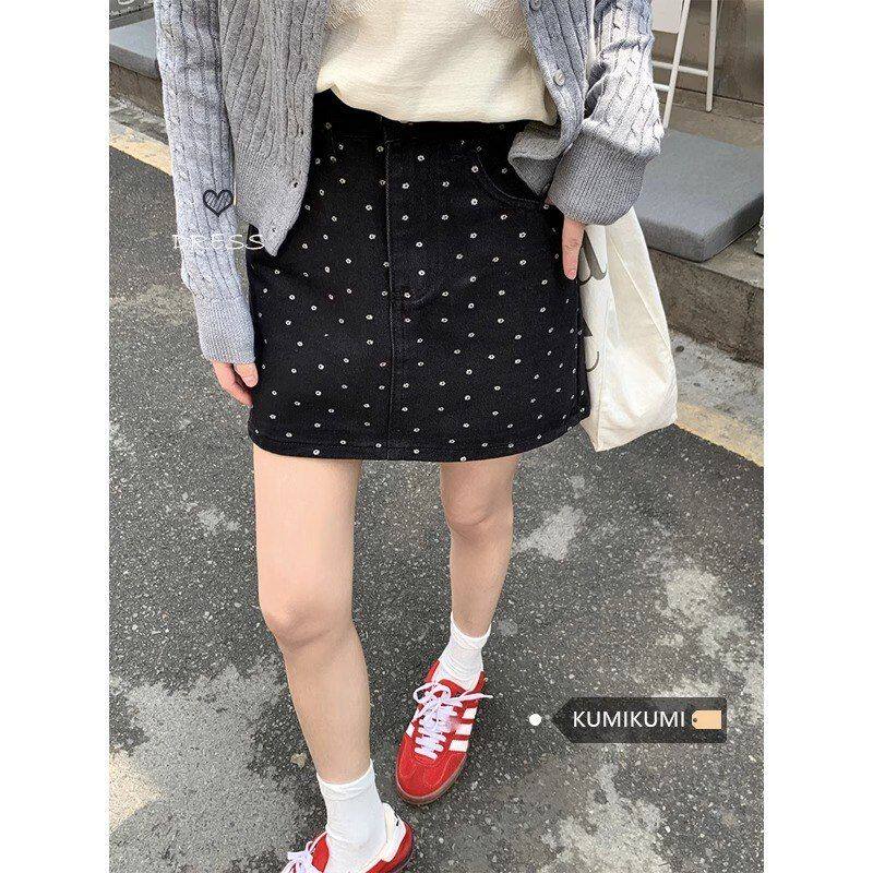 大码韩系碎花黑色牛仔裙女夏季高腰显瘦包臀短裙防走光a字半身裙