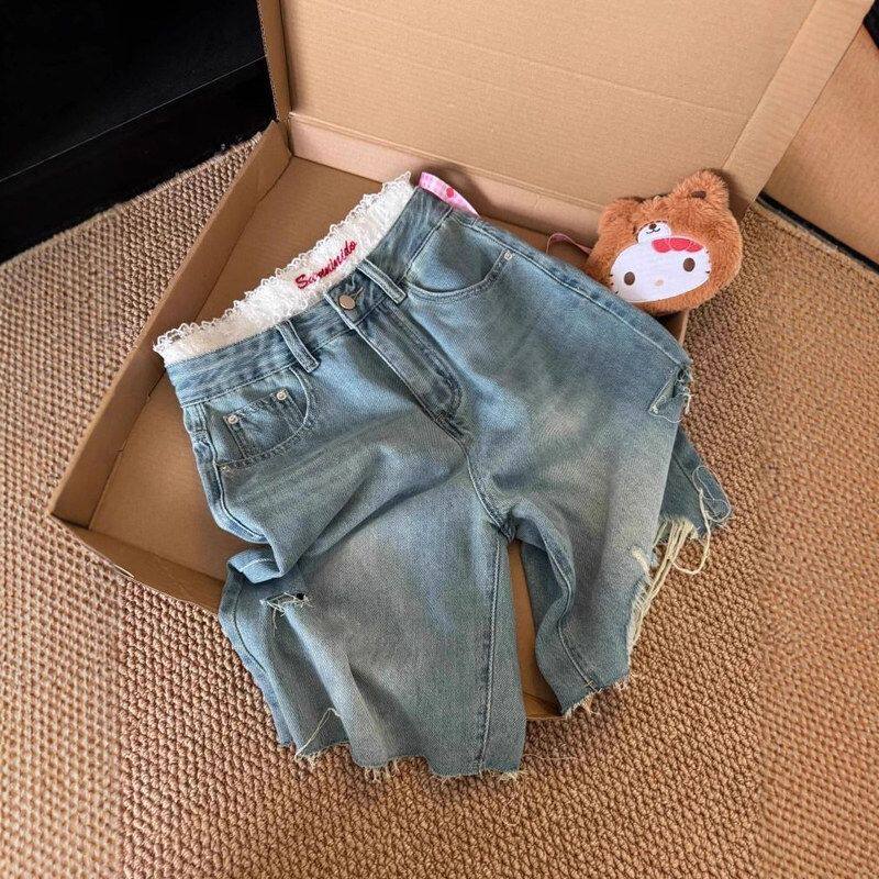 梨形身材破洞牛仔短裤女夏季薄款大码胖mm高腰遮胯a字阔腿五分裤