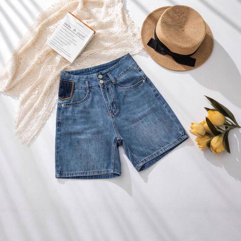 2025夏季新款宽松撞色牛仔五分短裤女梨形大码百搭高腰显瘦中裤潮