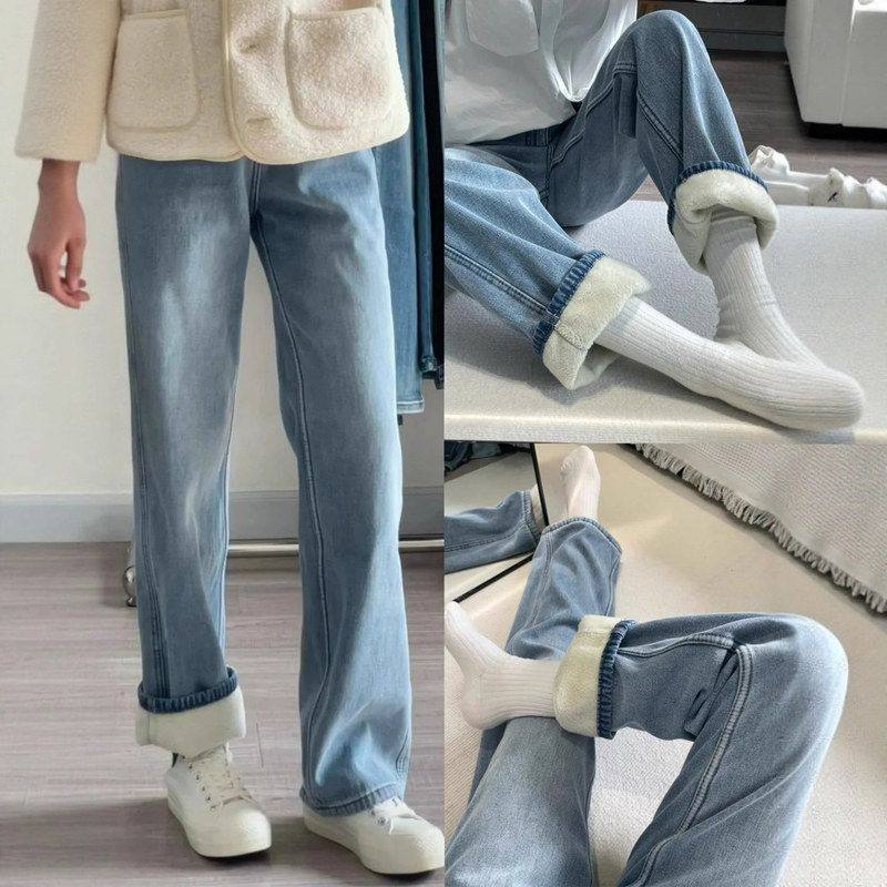 高腰百搭浅蓝色牛仔裤女2025冬季新款加绒加厚胖mm宽松显瘦直筒裤