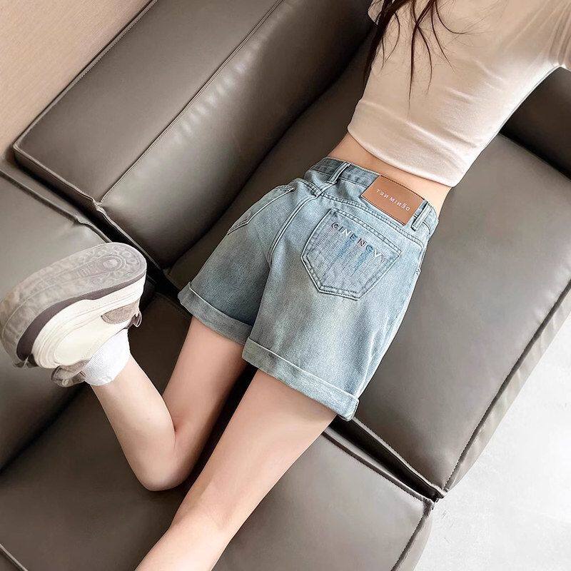 蓝色牛仔短裤女夏季薄款2025新款高腰刺绣小个子显瘦a字宽松热裤