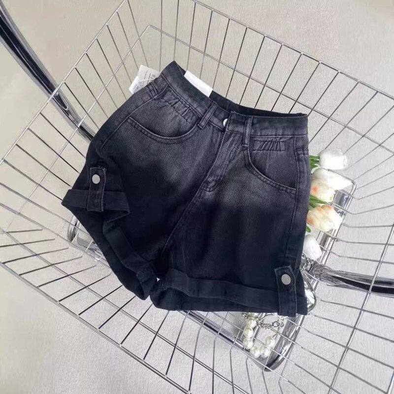 渐变黑灰色卷边牛仔裤短裤女夏季新款宽松百搭a字裤阔腿热裤遮胯