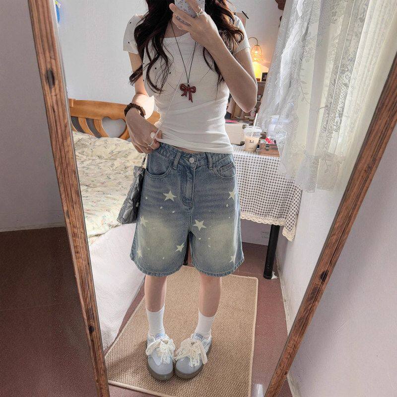 美式复古星星印花牛仔短裤女夏季新款高腰宽松a字五分裤阔腿中裤