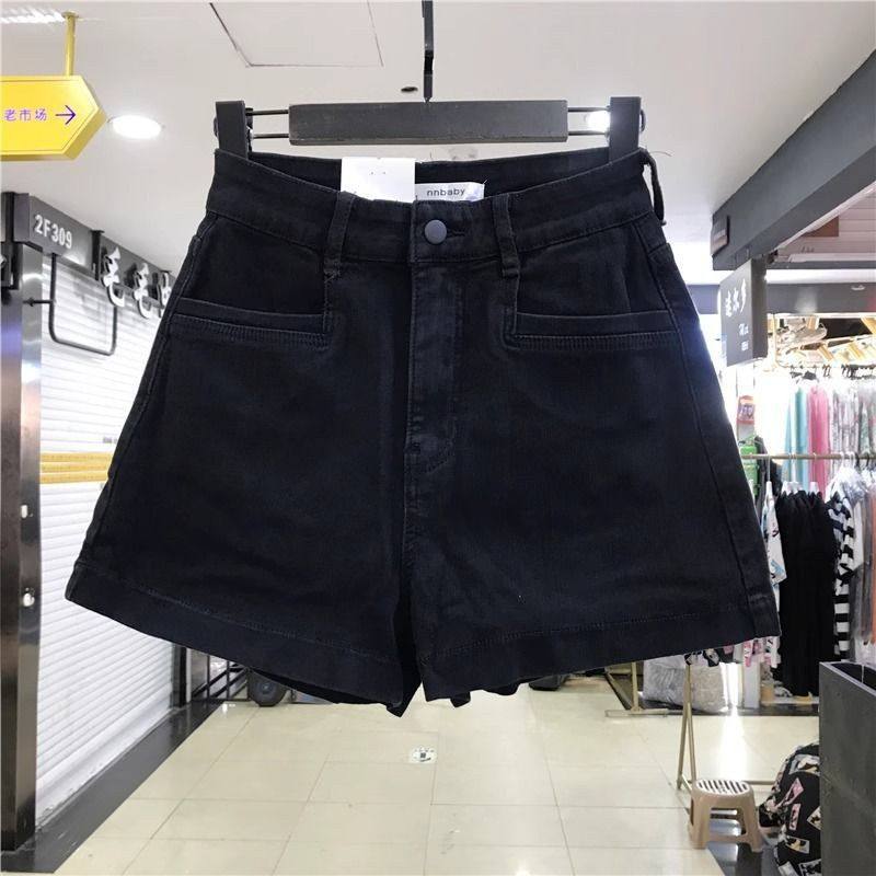 梨形身材黑色牛仔短裤女夏季薄款大码微胖mm高腰显瘦a字百搭阔腿