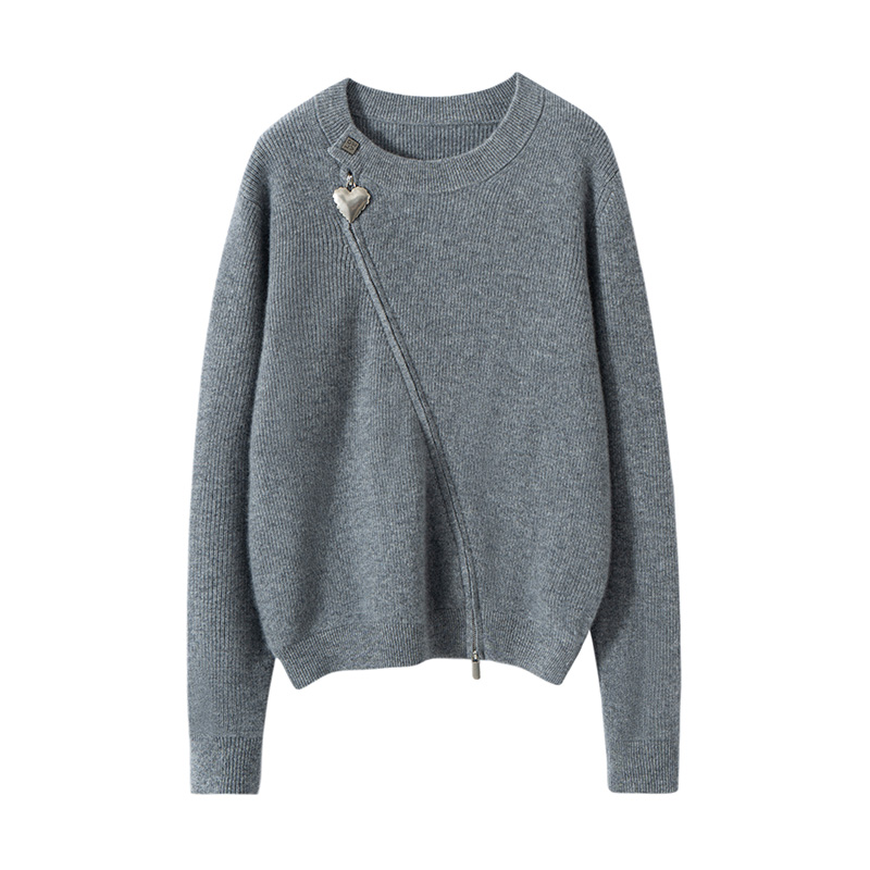 桃心斜拉链针织开衫100纯羊绒康赛妮中灰外套元宝针保暖亲肤