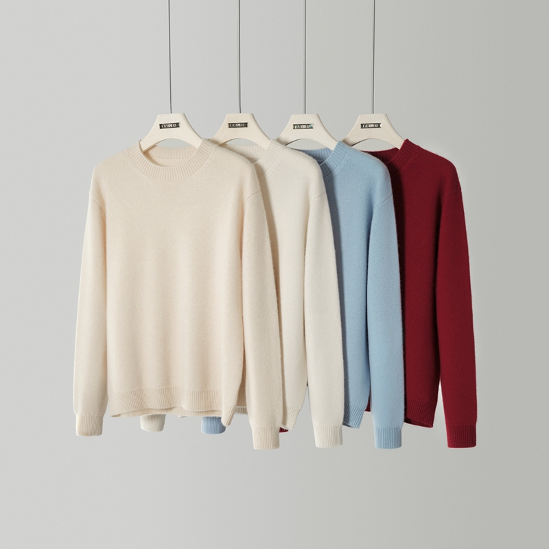 康赛妮100%纯山羊绒圆领厚款落肩袖7针双股简约通勤内搭针织衫