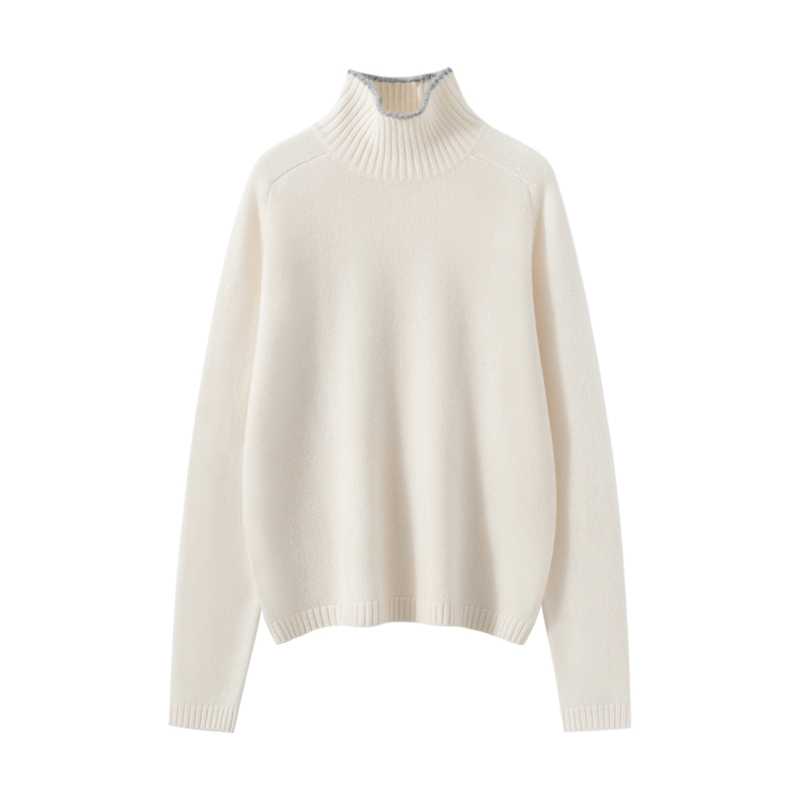 康赛妮高领撞色厚款马鞍肩100纯羊绒7针双股针织套头衫女软糯亲肤