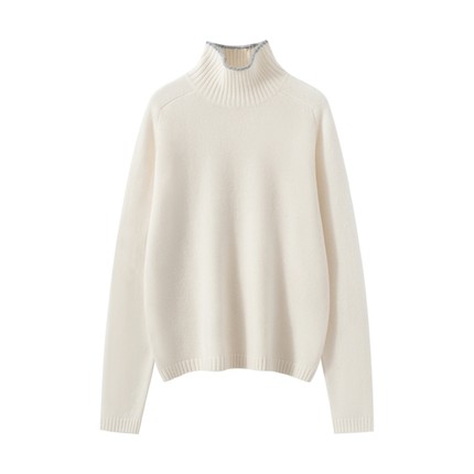 康赛妮高领撞色厚款马鞍肩100纯羊绒7针双股针织套头衫女软糯亲肤