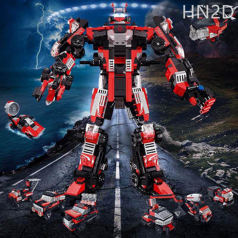 星钻儿童变形工程汽车积木玩具消防益智拼装机器人男孩6岁特警