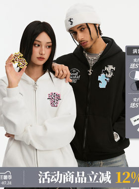 STK SmallTownKid 动物纹理LOGO魔术贴 开衫卫衣春秋情侣帽衫外套