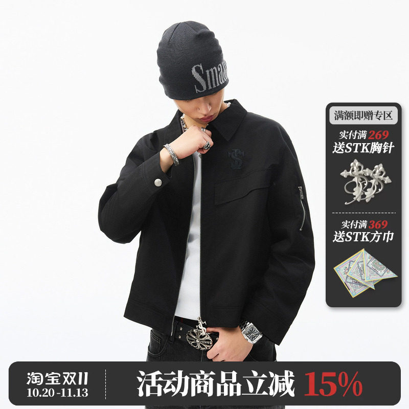 STK SmallTownKid V字分割工装外套痞帅风翻领夹克拉链装饰春装