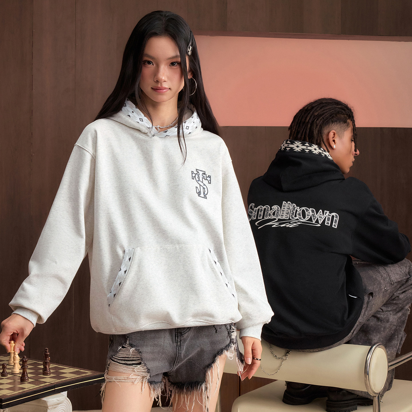 STK SmallTownKid 民族风针织拼接连帽卫衣几何纹样绣花男女帽衫图片