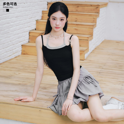 STK SmallTownKid金属标假两件吊带美式辣妹风撞色显瘦挂脖背心