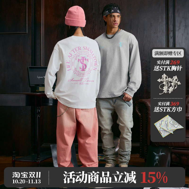 STK SmallTownKid 圆形排版长袖T恤 内搭美式复古休闲街头国潮牌