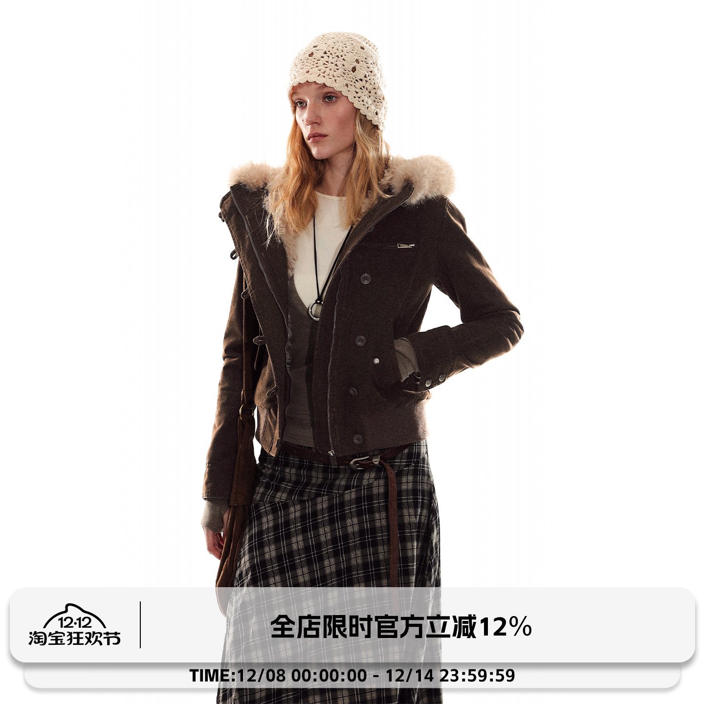 ADORE YOU 可拆卸毛领复古收腰修身短款上衣连帽卫衣拉链外套