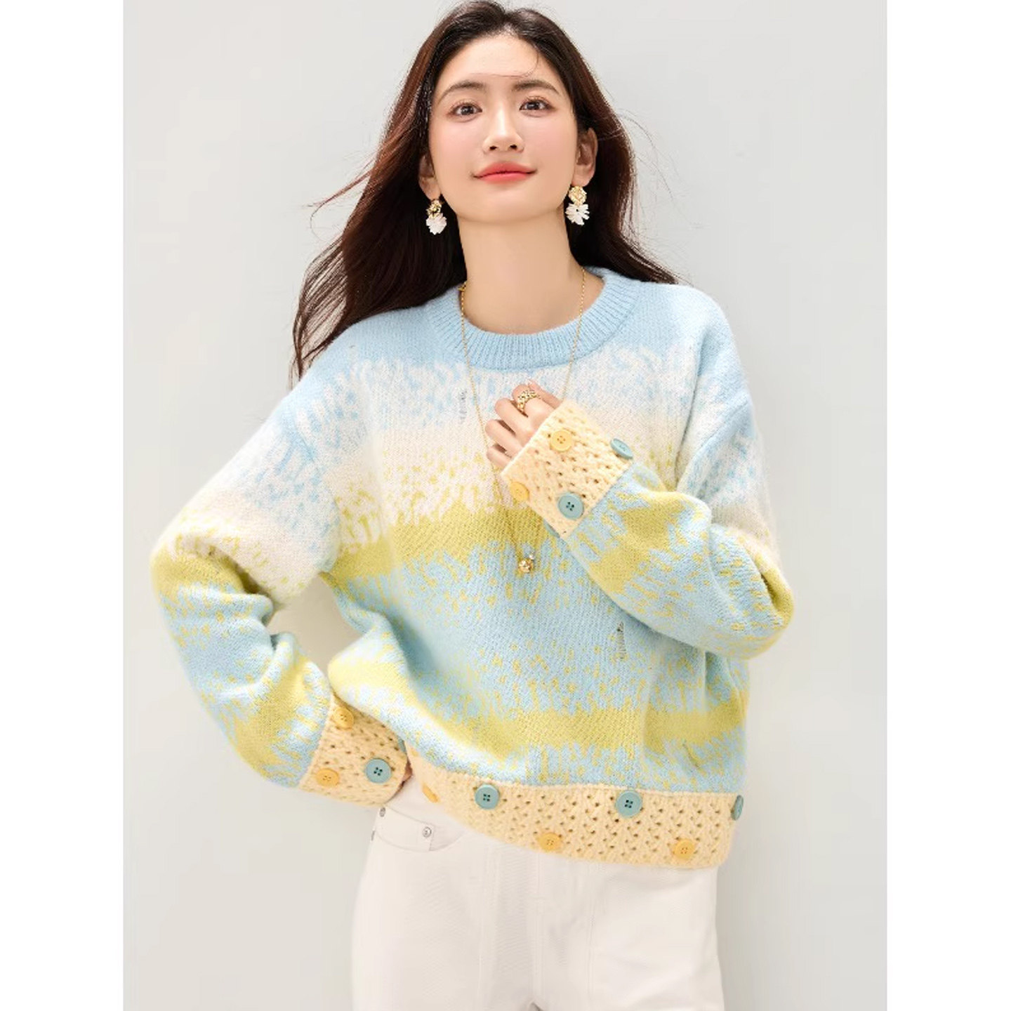 韩系慵懒圆领套头毛衣针织衫女