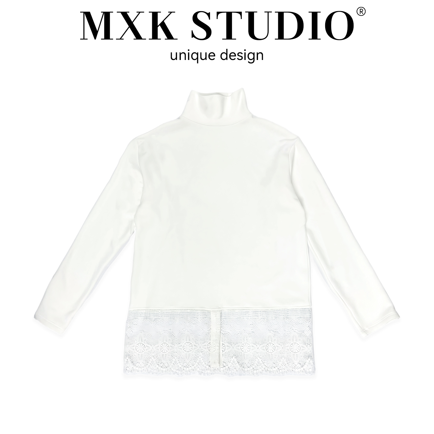 miu系蕾丝下摆半高领长袖打底衫