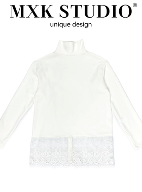 2025新款miu系蕾丝下摆高领长袖T恤女秋冬内搭韩版设计感宽松上衣