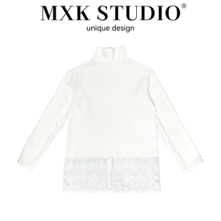 设计感宽松上衣 T恤女秋冬内搭韩版 2025新款 miu系蕾丝下摆高领长袖