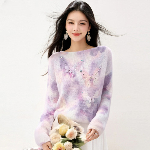 超好看紫色圆领长袖针织衫上衣女