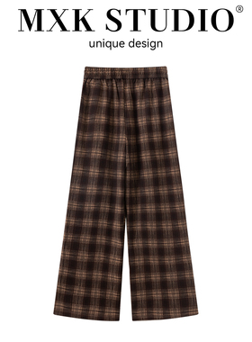 2025新款韩版宽松显瘦百搭格子阔腿裤女高腰加绒垂感直筒休闲裤