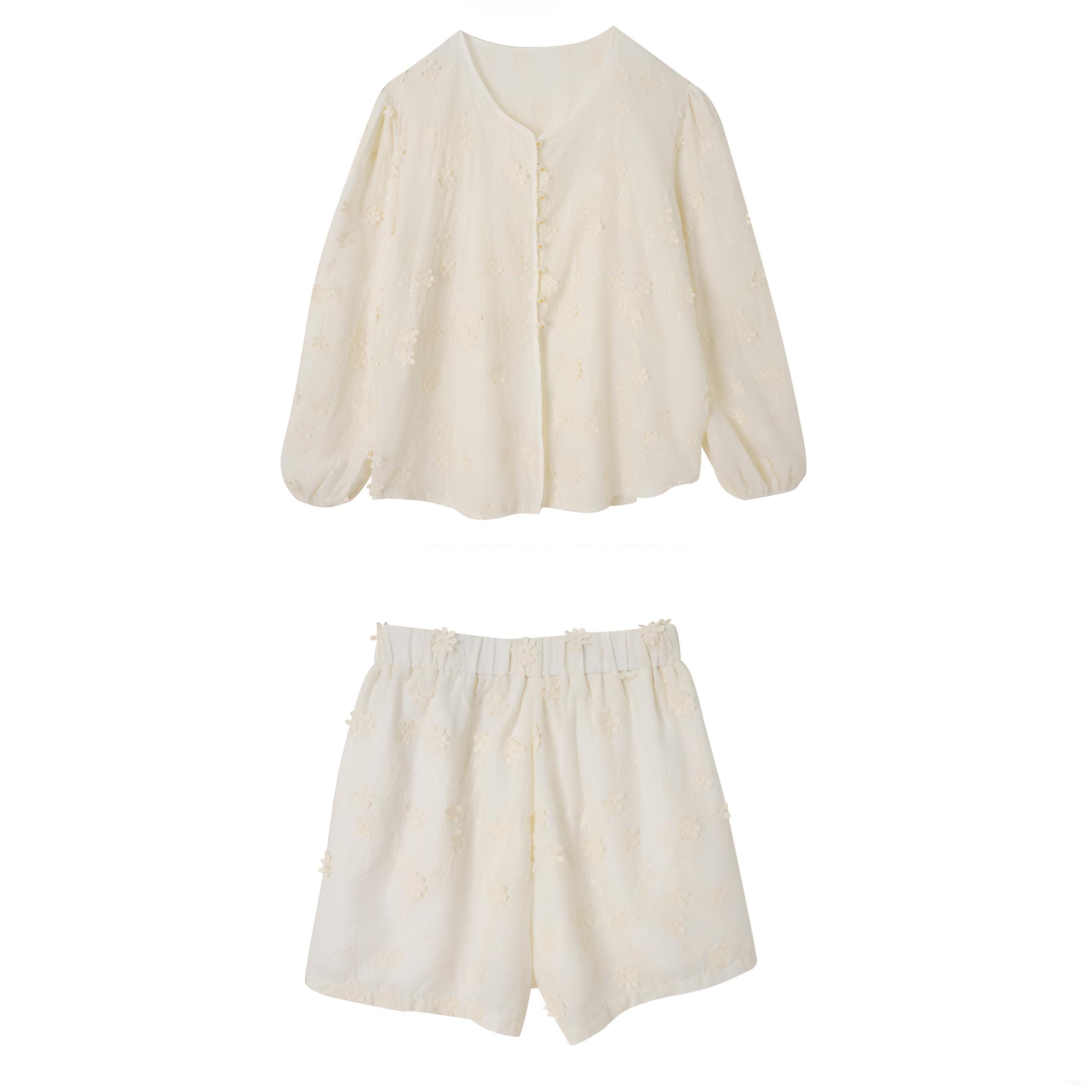 刺绣长袖防晒衣衬衫外套短裤套装