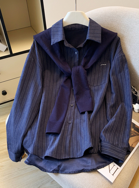 2025新款洋气减龄polo领衬衫条纹长袖秋冬可拆卸披肩设计感上衣女