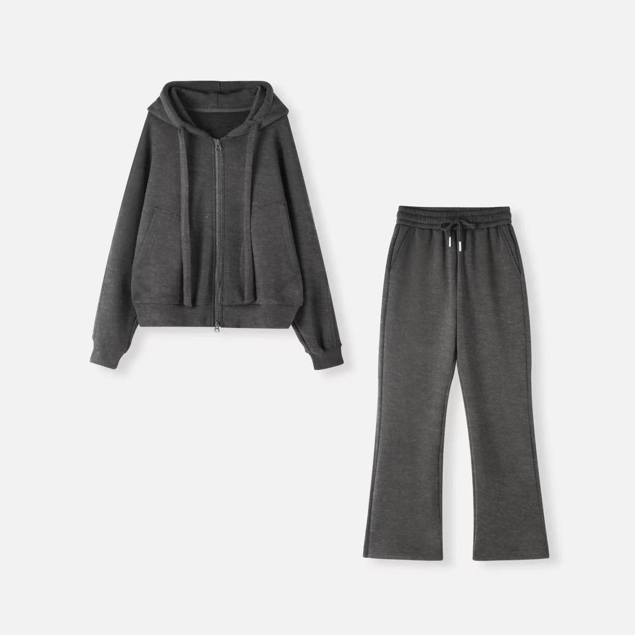 休闲运动风连帽卫衣套装女深灰色抽绳直筒长裤两件套