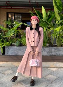 绝美奶fufu套装秋冬甜美小香撞色翻领呢子外套高腰半身裙女两件套