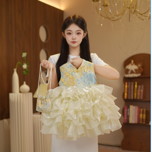 【金玉满堂】女童2026新中式国风礼服裙蛋糕裙鎏金蓝连衣裙公主裙