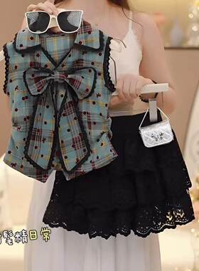 女童套装韩版蝴蝶结2026夏季新版两件套洋气短裙可爱格子无袖背心