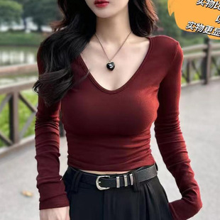 T恤纯色显瘦百搭上衣 V领长袖 260克秋冬打底高弹无垫肩辣妹装 修身