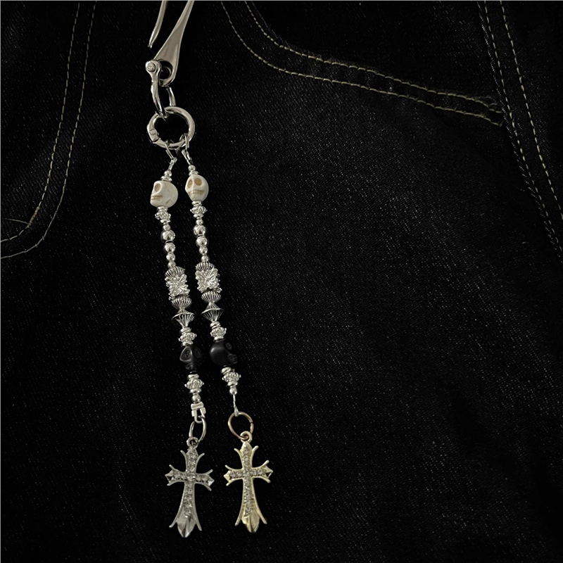 IEWS闪珠骷髅双短链镶钻十字架cleanfit腰间挂饰复古风高级钥匙扣