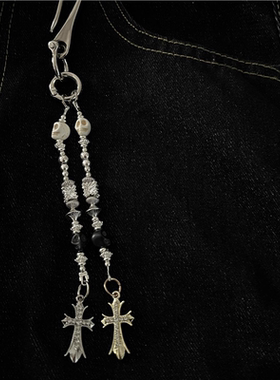 IEWS闪珠骷髅双短链镶钻十字架cleanfit腰间挂饰复古风高级钥匙扣